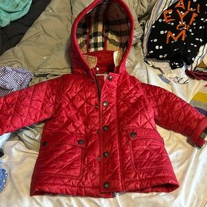 Red Quilted Burberry Jacket with Removable Hood - 2Y